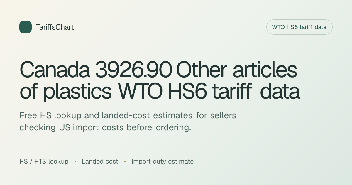 Canada 3926.90 Other articles of plastics WTO HS6 tariff data ...